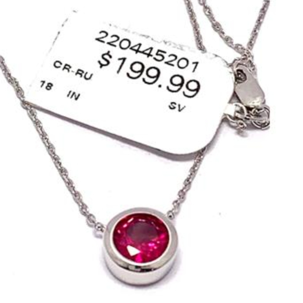 925 Sterling Silver Bezel Set Solitaire Ruby Necklace $199 Retail